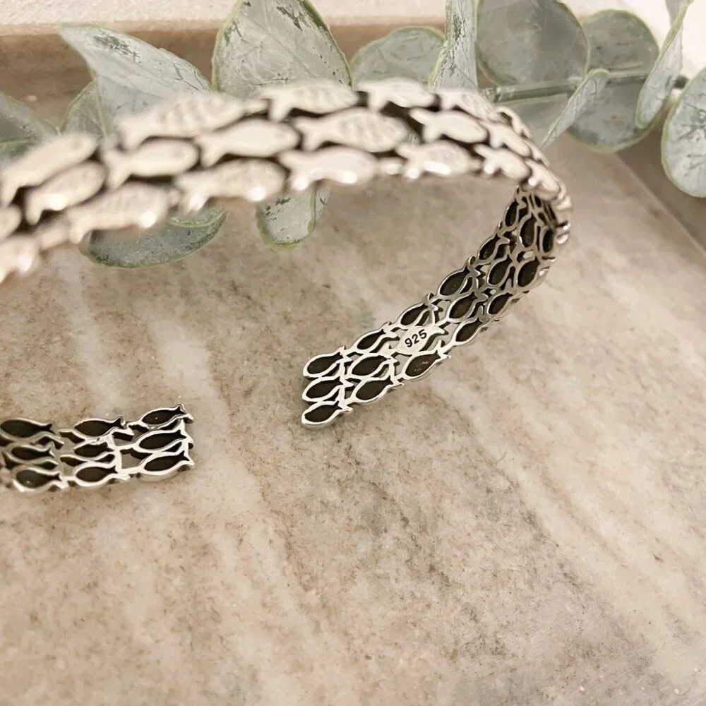 925 Sterling Silver Cuff Bracelet School of Fish Bracelet Modern Silver Bangle - Picture 8 of 9